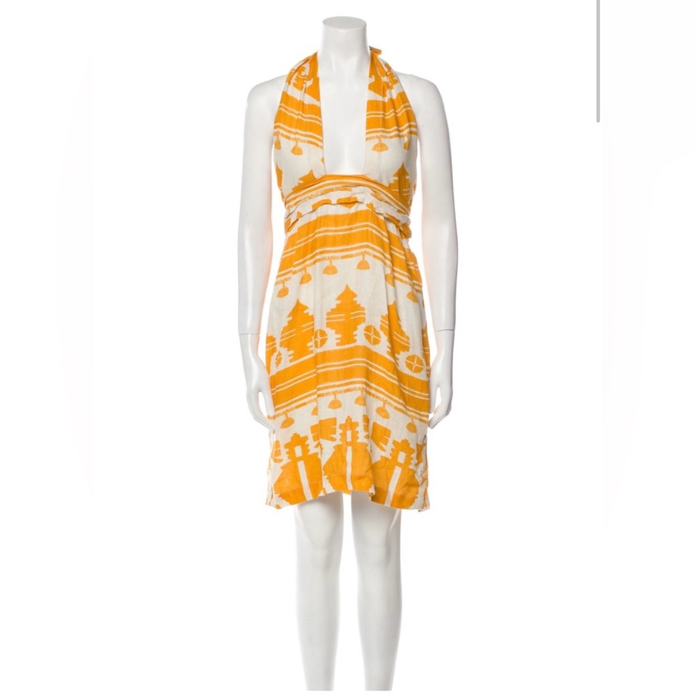 Johanna Ortiz - Printed Yellow Gold Tie Front Halter Mini Dress - size 4 - GORG!